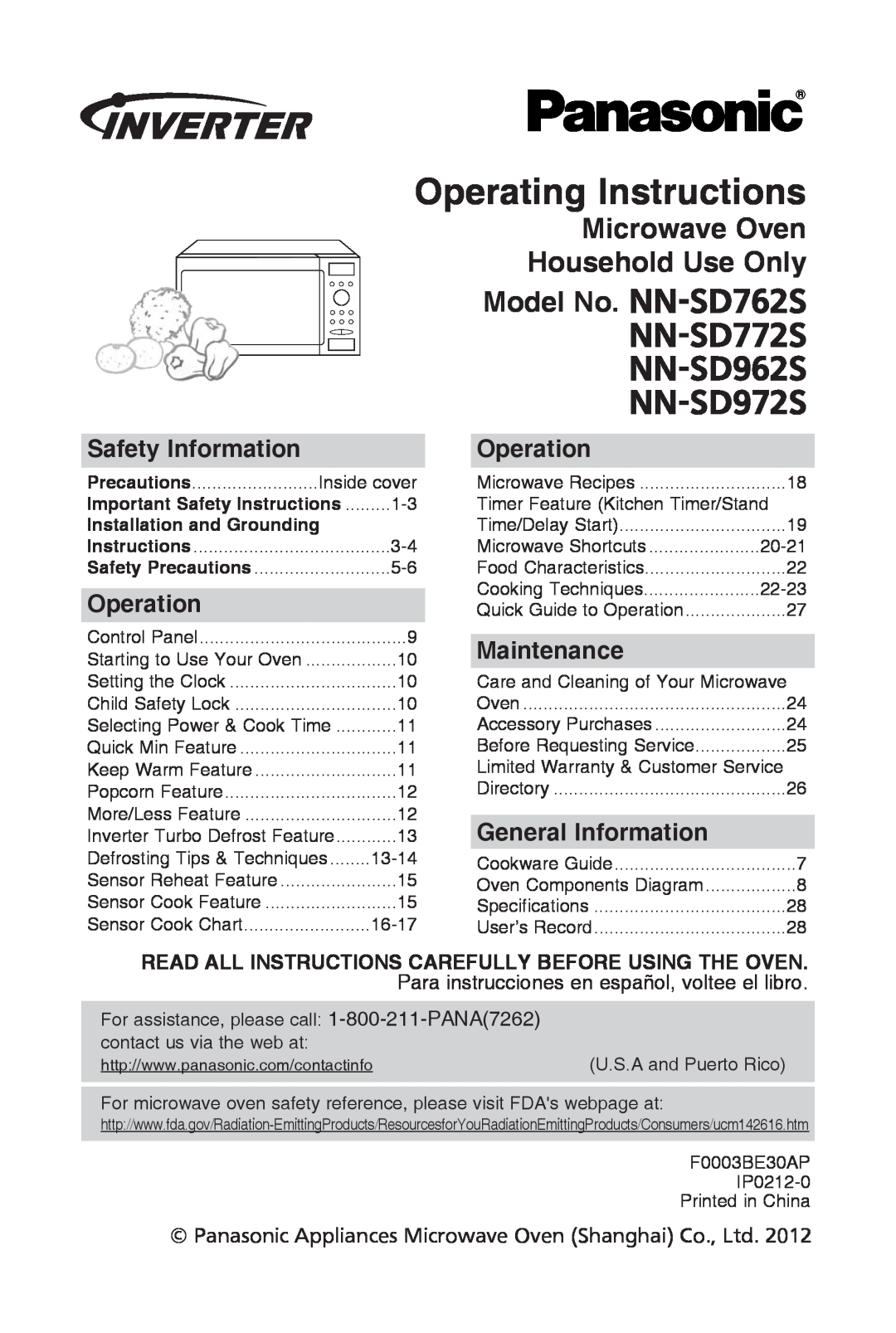 Panasonic warranty operating instructions, Model no. NN-SD762S NN-SD772S NN-SD962S NN-SD972S, safety information 