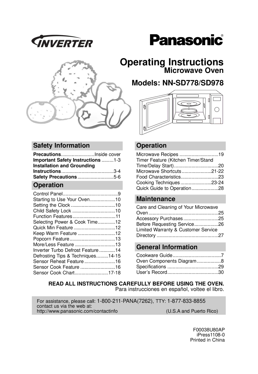 Panasonic NN-SD778 important safety instructions Operating Instructions, Safety Information, Operation, Maintenance 