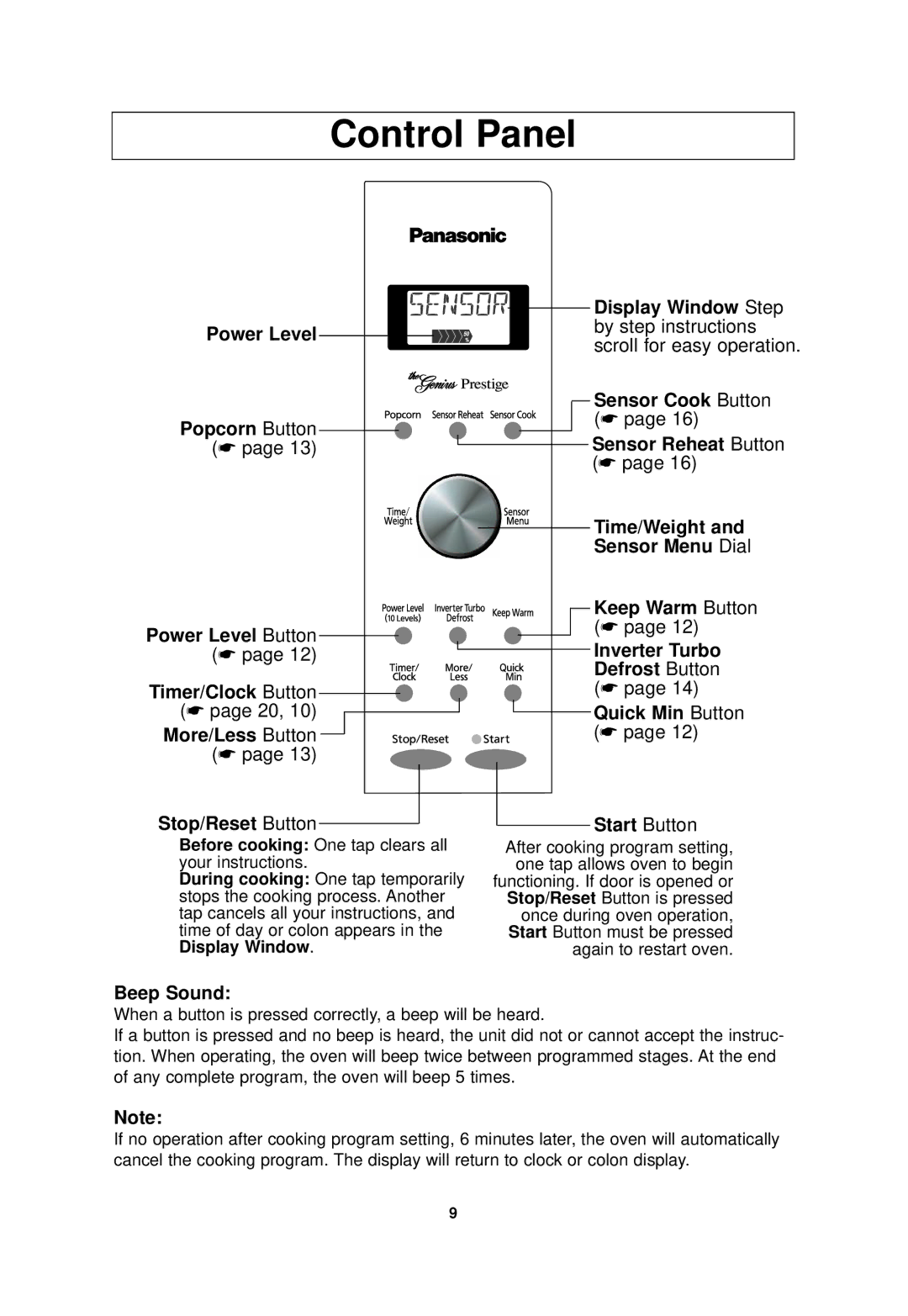 Panasonic NN-SD778, NN-SD978 important safety instructions Control Panel, Beep Sound 