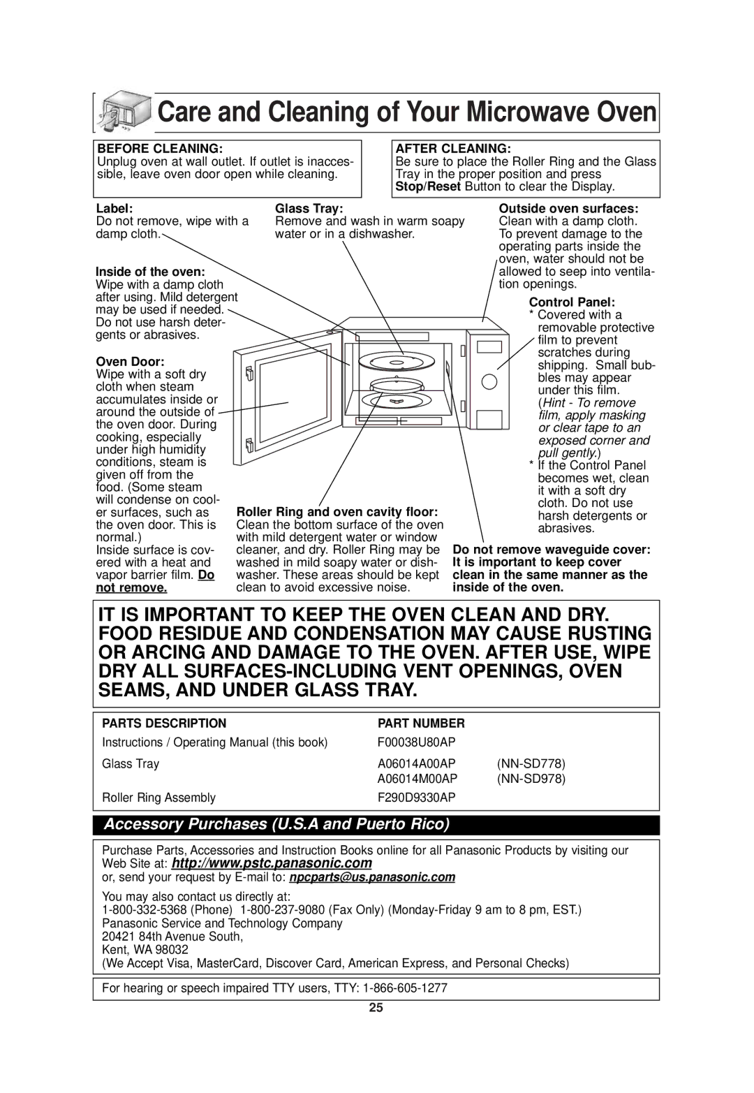 Panasonic NN-SD778, NN-SD978 important safety instructions Care and Cleaning of Your Microwave Oven 