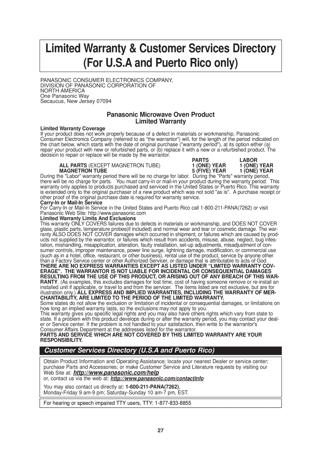 Panasonic NN-SD778, NN-SD978 For U.S.A and Puerto Rico only, Panasonic Microwave Oven Product Limited Warranty 