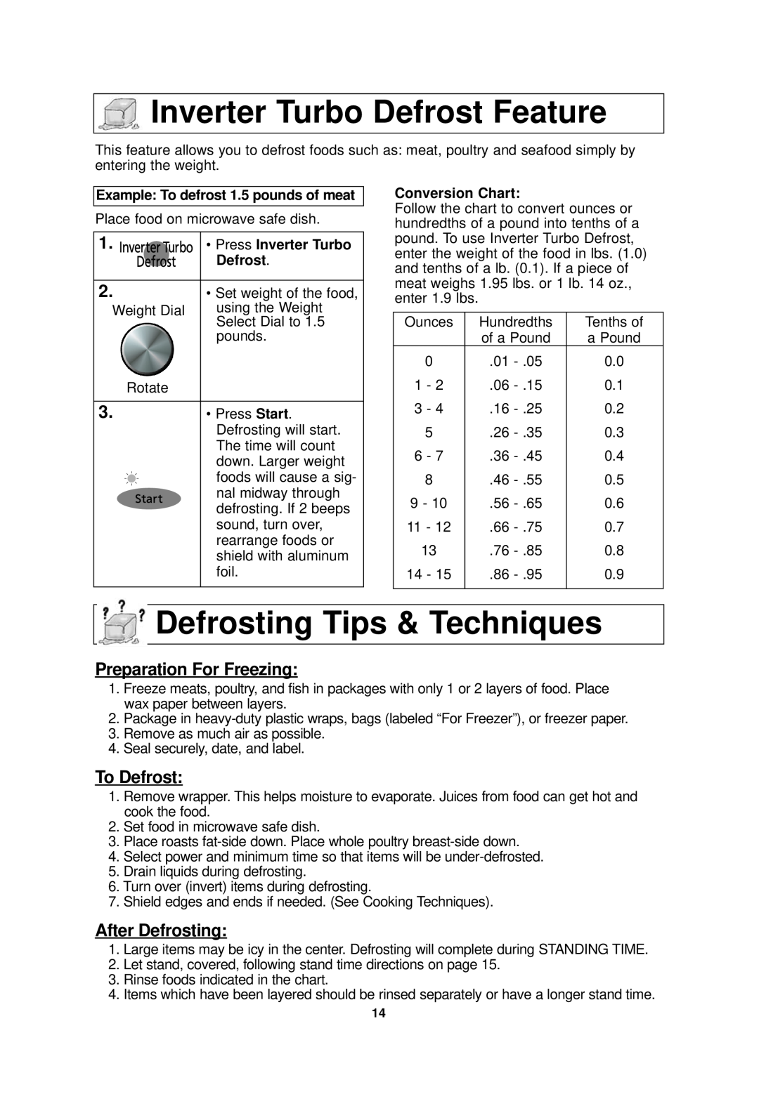 Panasonic NN-SD978 Inverter Turbo Defrost Feature, Defrosting Tips & Techniques, Preparation For Freezing, To Defrost 