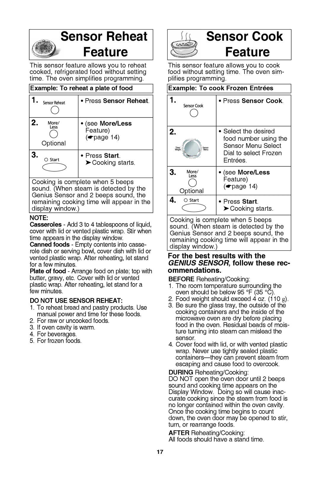 Panasonic NN-SE982S warranty Sensor reheat feature, Sensor cook feature, Example to cook frozen entrées Press sensor cook 