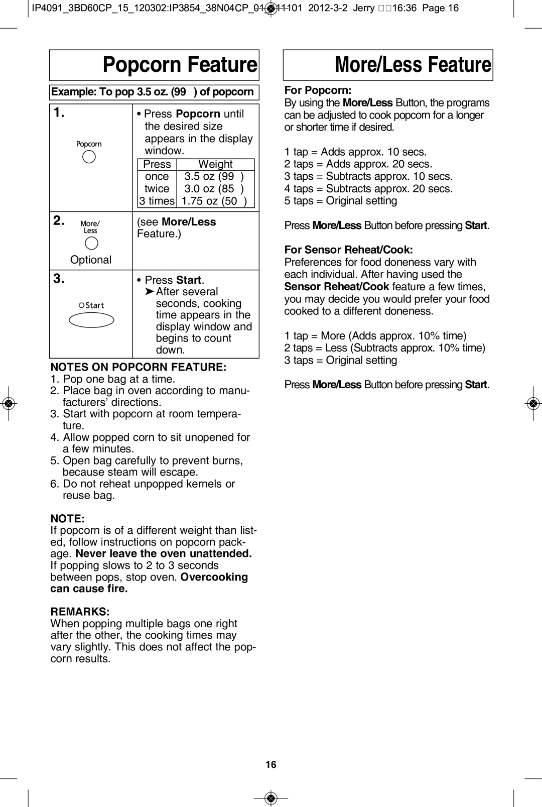 Panasonic NN-SE792S, NN-SE992S manual Popcorn feature, More/less feature 