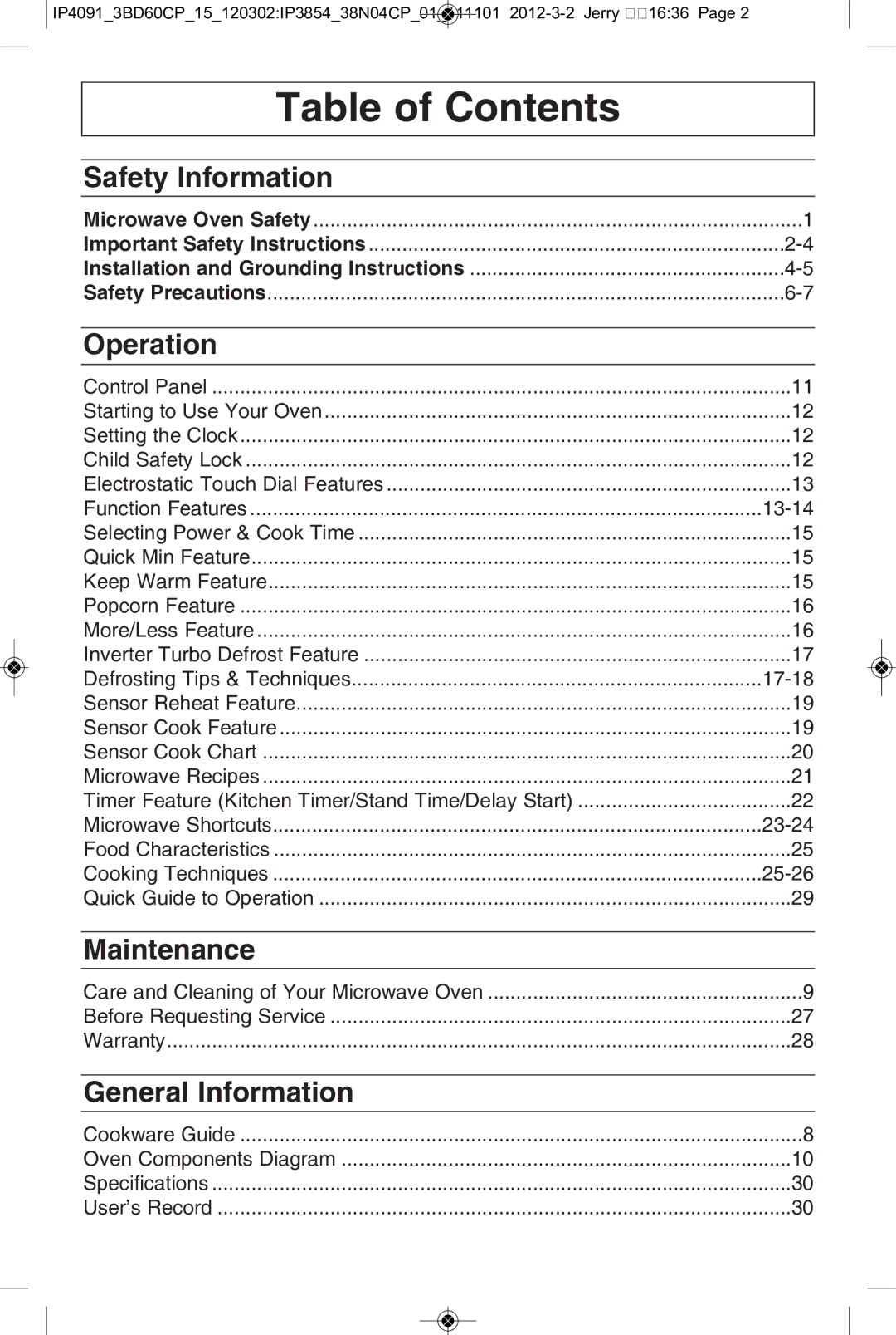 Panasonic NN-SE792S, NN-SE992S manual Table of contents 