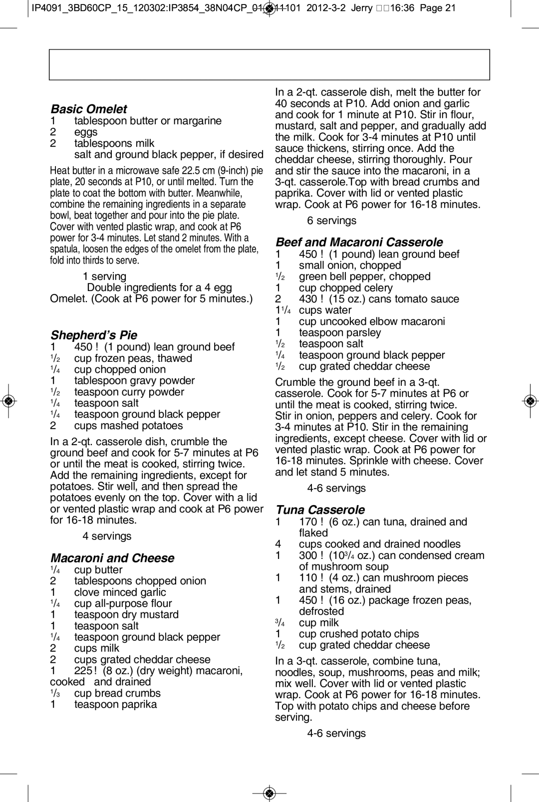 Panasonic NN-SE992S, NN-SE792S manual Microwave recipes, OMelet, Casserole, Yield 1 serving, Yield 6 servings 