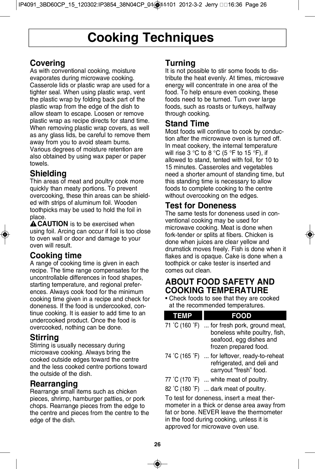 Panasonic NN-SE792S manual Covering, Shielding, Cooking time, Stirring, Rearranging, Turning, Stand time, Test for doneness 