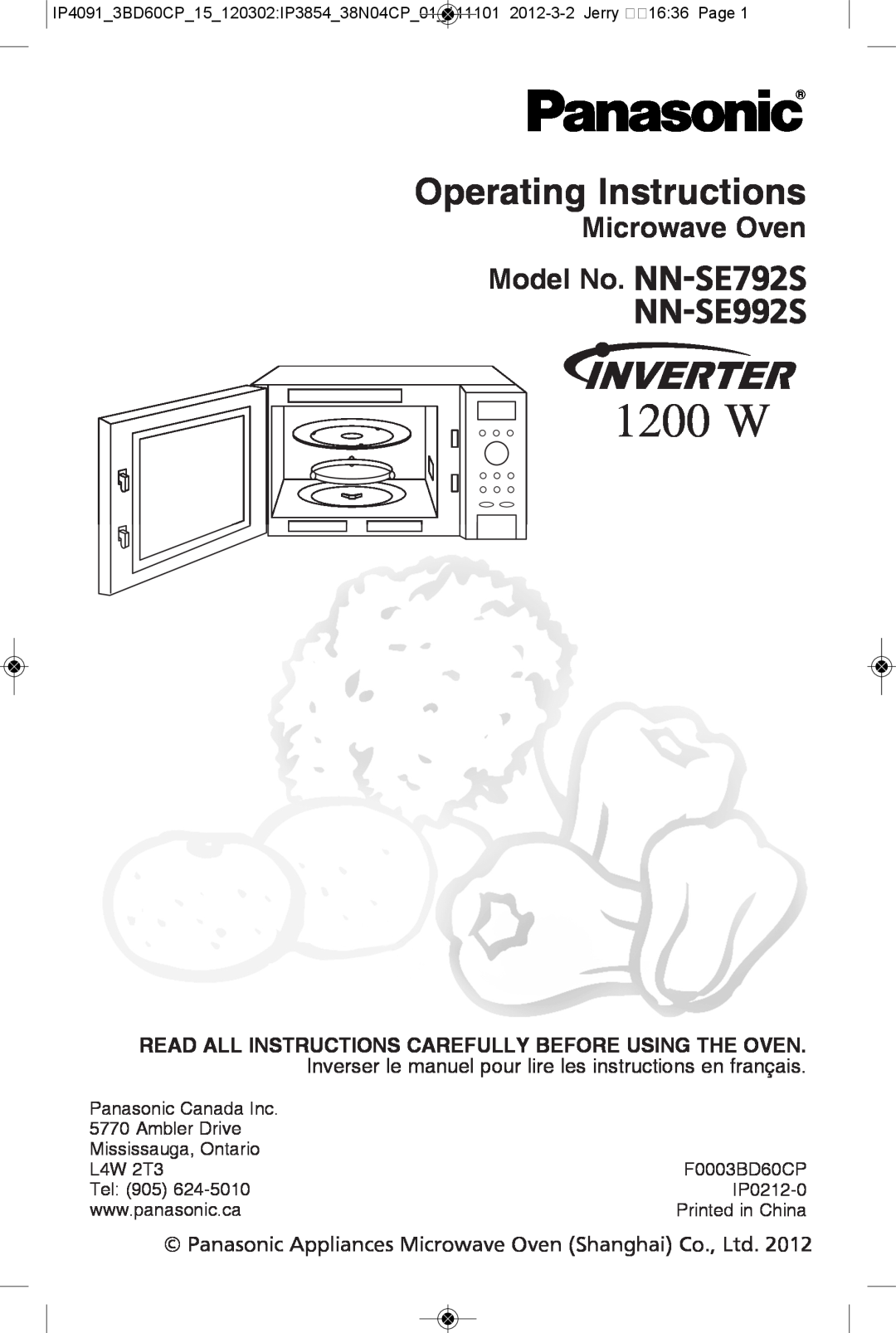 Panasonic NN-SE992S manual operating instructions, Microwave oven Model no. NN-SE792S, 1200 W 