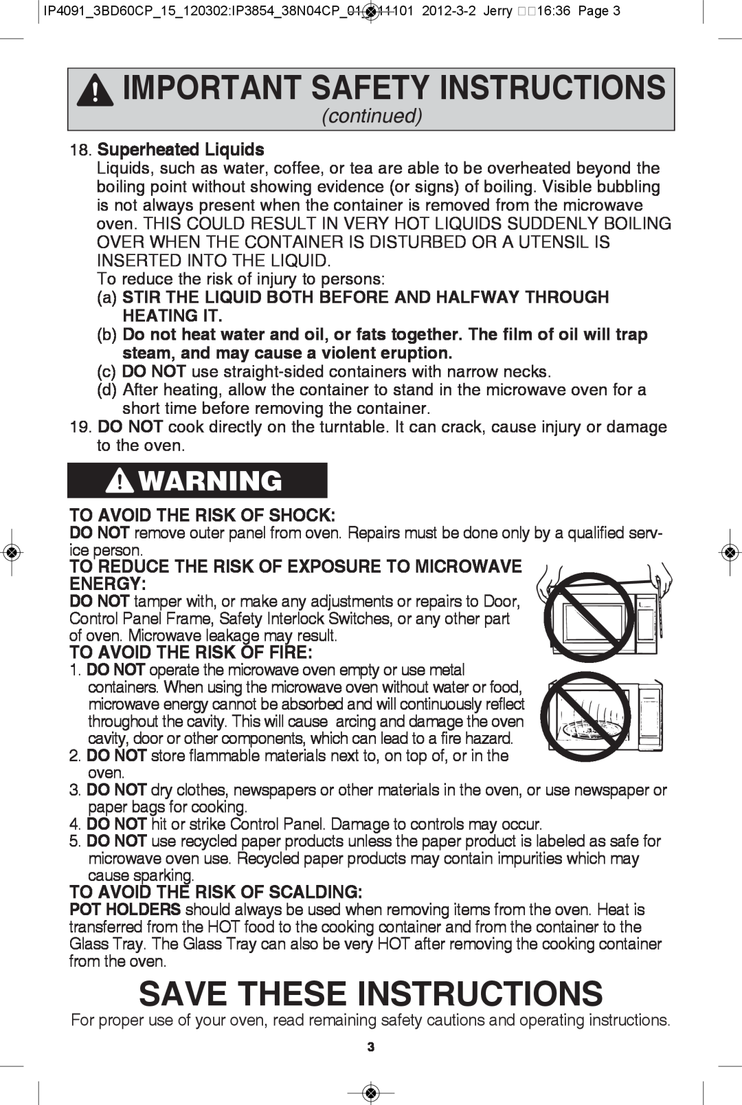 Panasonic NN-SE992S, NN-SE792S manual save these instructions, continued, superheated liquids, to avoid the risK of shocK 