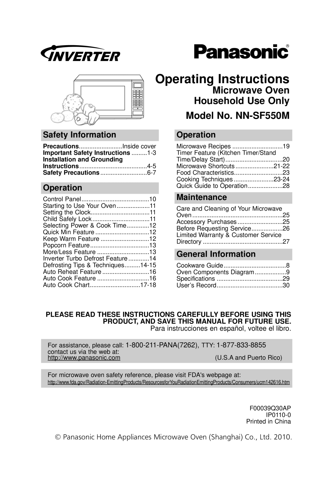 Panasonic NN-SF550M important safety instructions Operating Instructions, Safety Information, Operation, Maintenance 