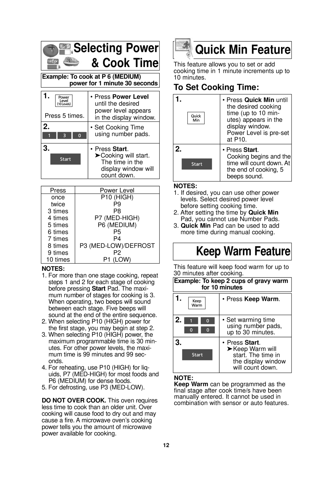 Panasonic NN-SF550M important safety instructions Quick Min Feature, To Set Cooking Time, Press Power Level 