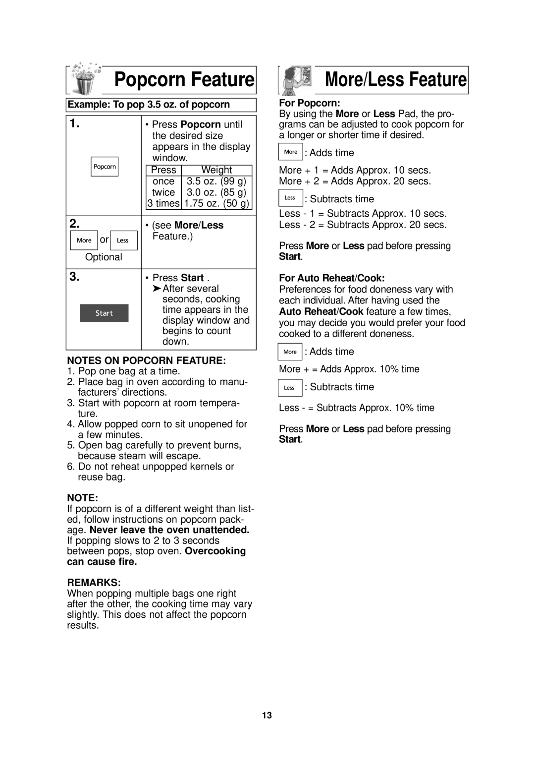 Panasonic NN-SF550M Popcorn Feature, Example To pop 3.5 oz. of popcorn, See More/Less, For Popcorn, For Auto Reheat/Cook 