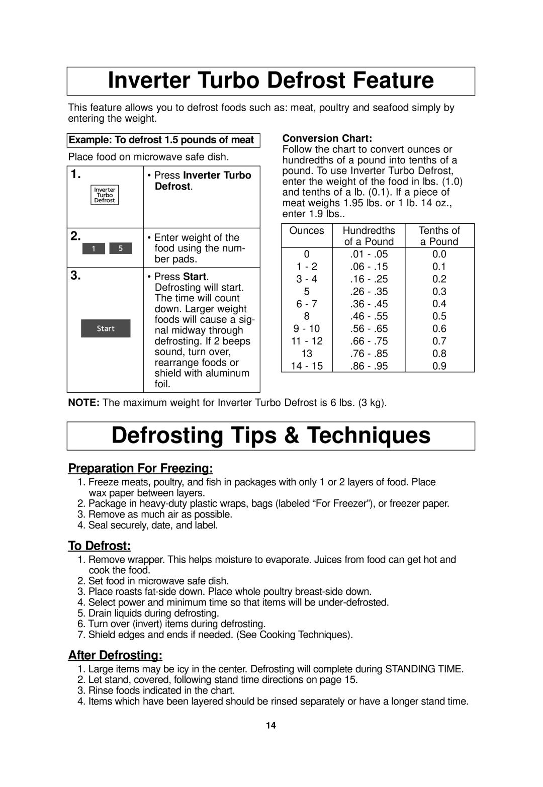 Panasonic NN-SF550M Inverter Turbo Defrost Feature, Defrosting Tips & Techniques, Example To defrost 1.5 pounds of meat 