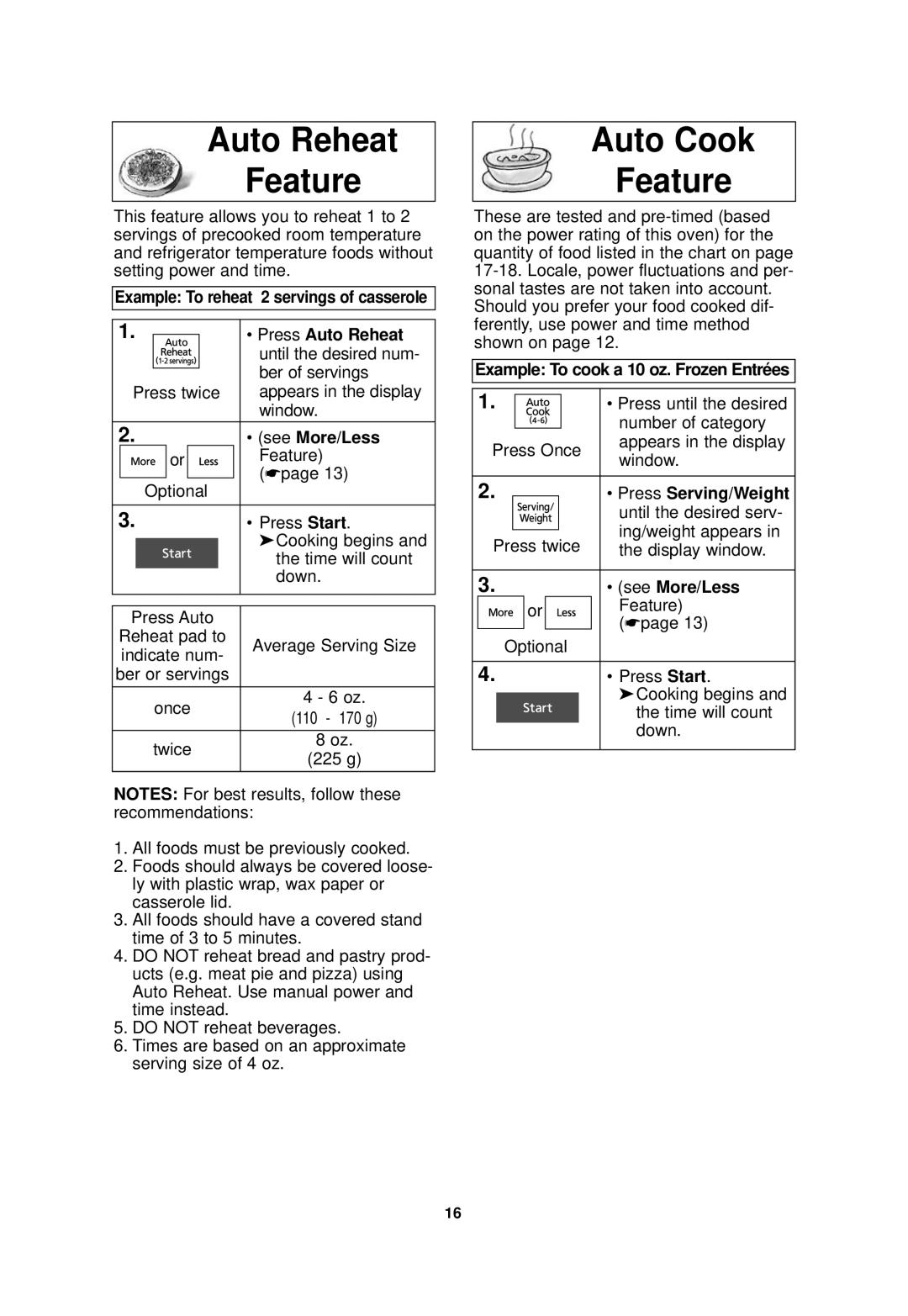 Panasonic NN-SF550M Auto Reheat Feature, Auto Cook Feature, Example To reheat 2 servings of casserole Press Auto Reheat 