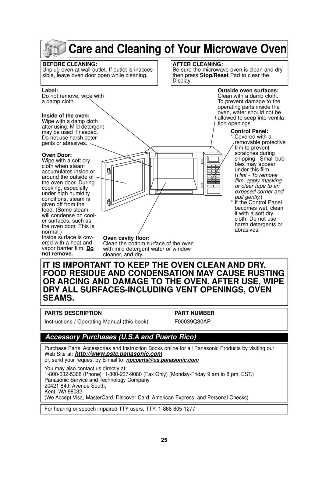 Panasonic NN-SF550M important safety instructions Care and Cleaning of Your Microwave Oven 