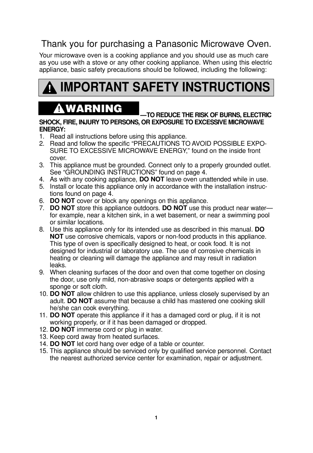 Panasonic NN-SF550M important safety instructions Important Safety Instructions 