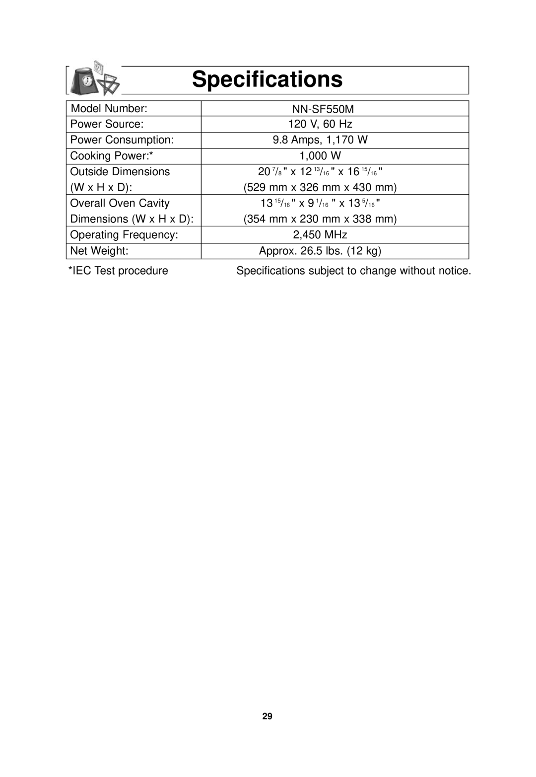 Panasonic NN-SF550M important safety instructions Specifications, 20 7/ 8 x 12 13/ 16 x 16 15, 13 15/ 16 x 9 1/ 16 x 13 5 