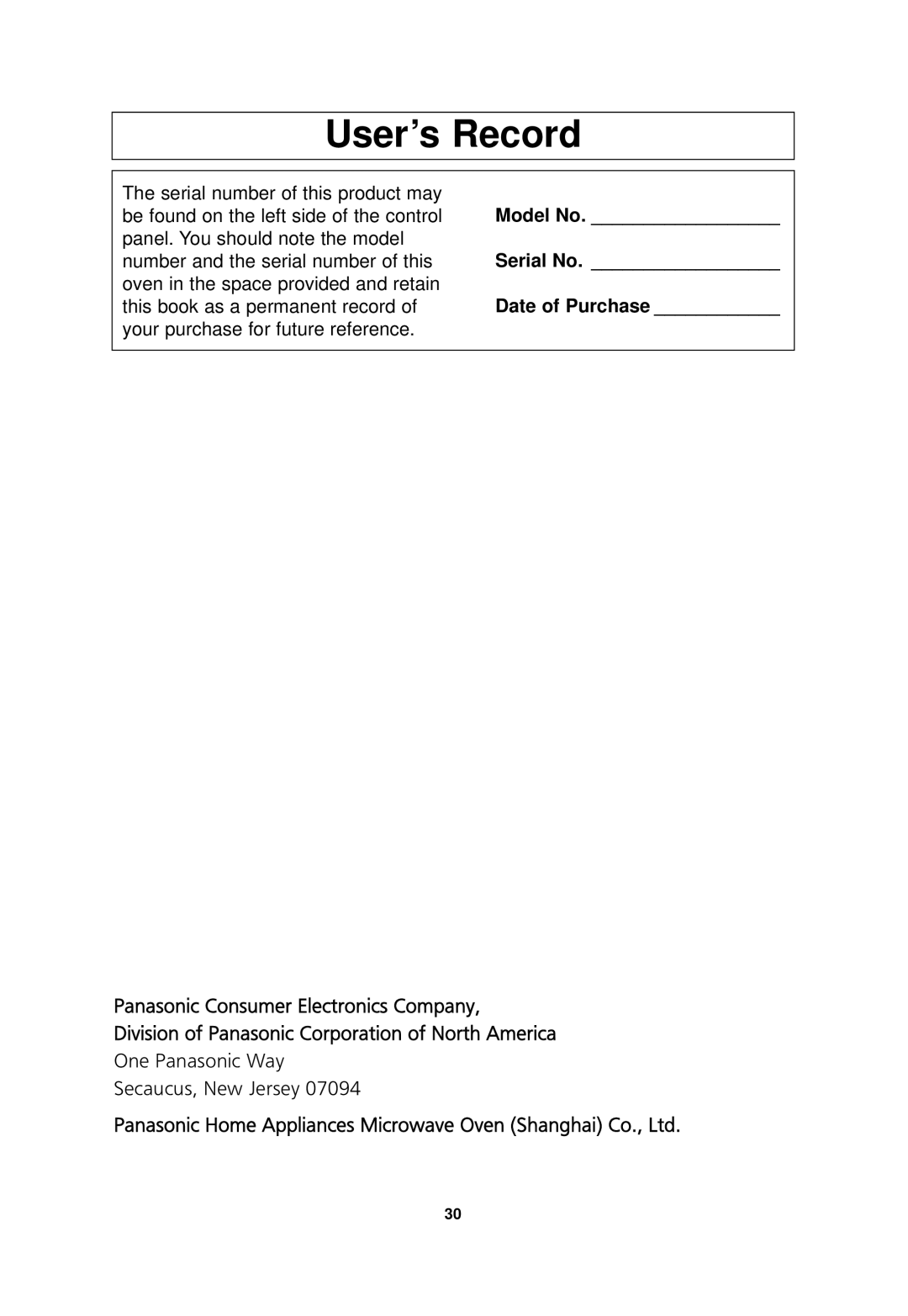 Panasonic NN-SF550M important safety instructions User’s Record, Date of Purchase 