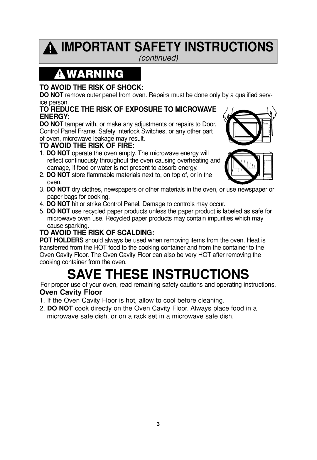 Panasonic NN-SF550M important safety instructions To Avoid the Risk of Shock 