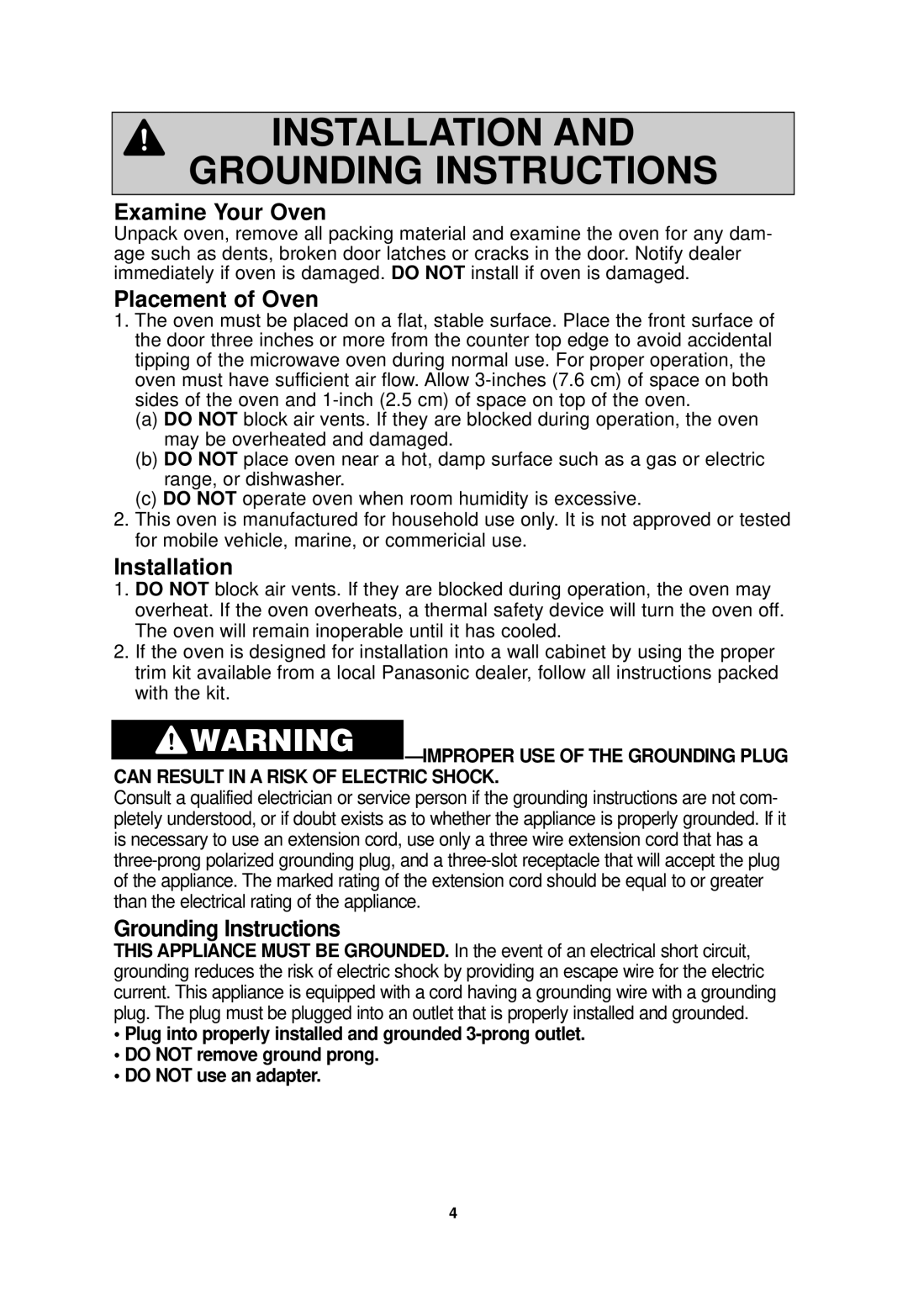 Panasonic NN-SF550M Examine Your Oven, Placement of Oven, Installation, Grounding Instructions 