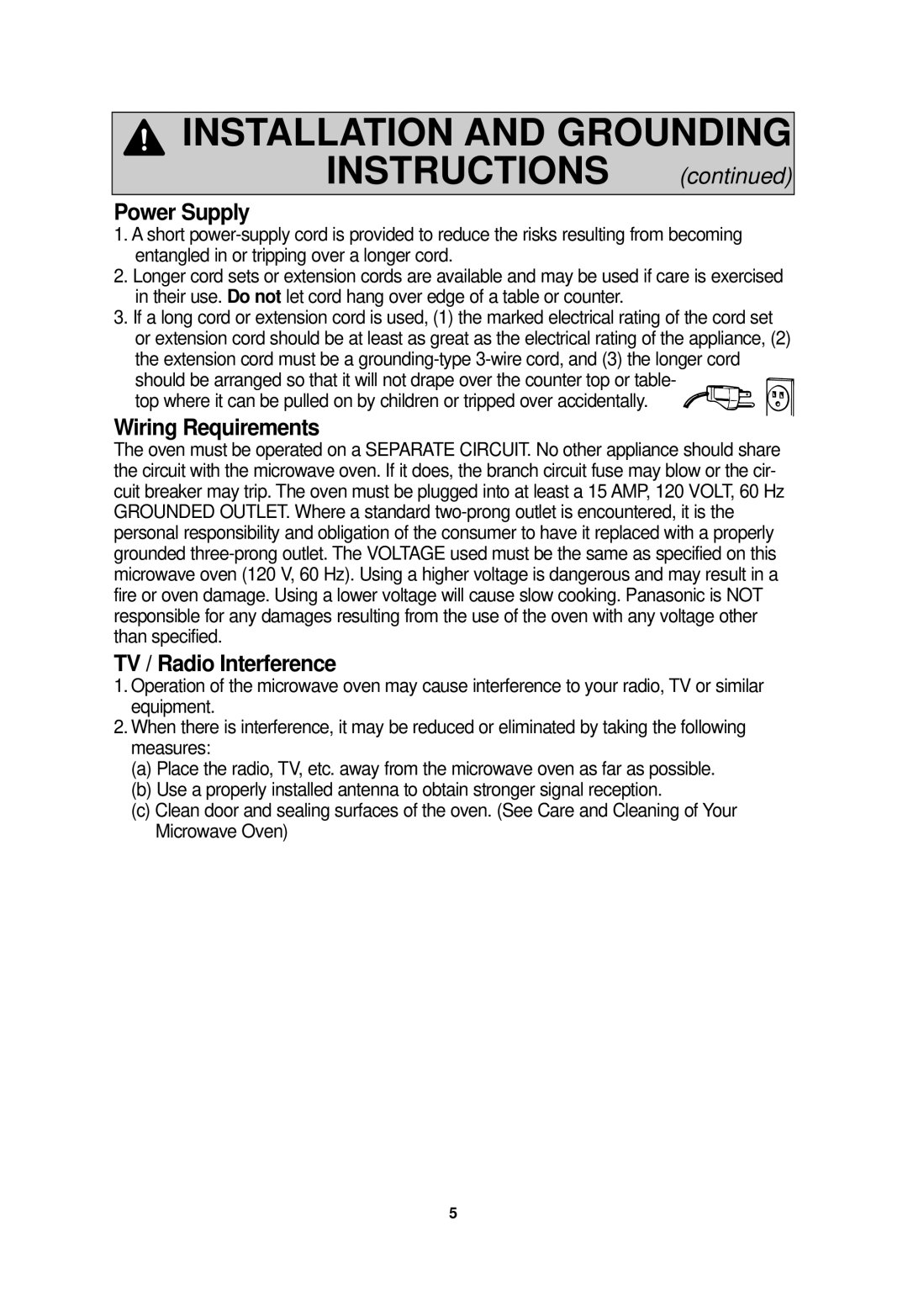 Panasonic NN-SF550M important safety instructions Power Supply, Wiring Requirements, TV / Radio Interference 