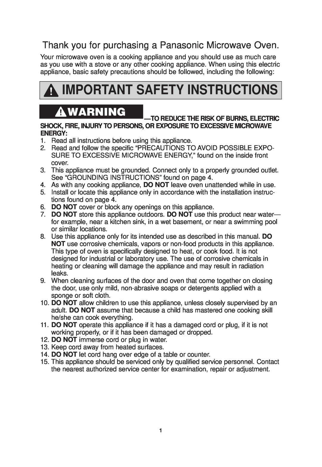 Panasonic NN-SF550M Important Safety Instructions, Thank you for purchasing a Panasonic Microwave Oven 