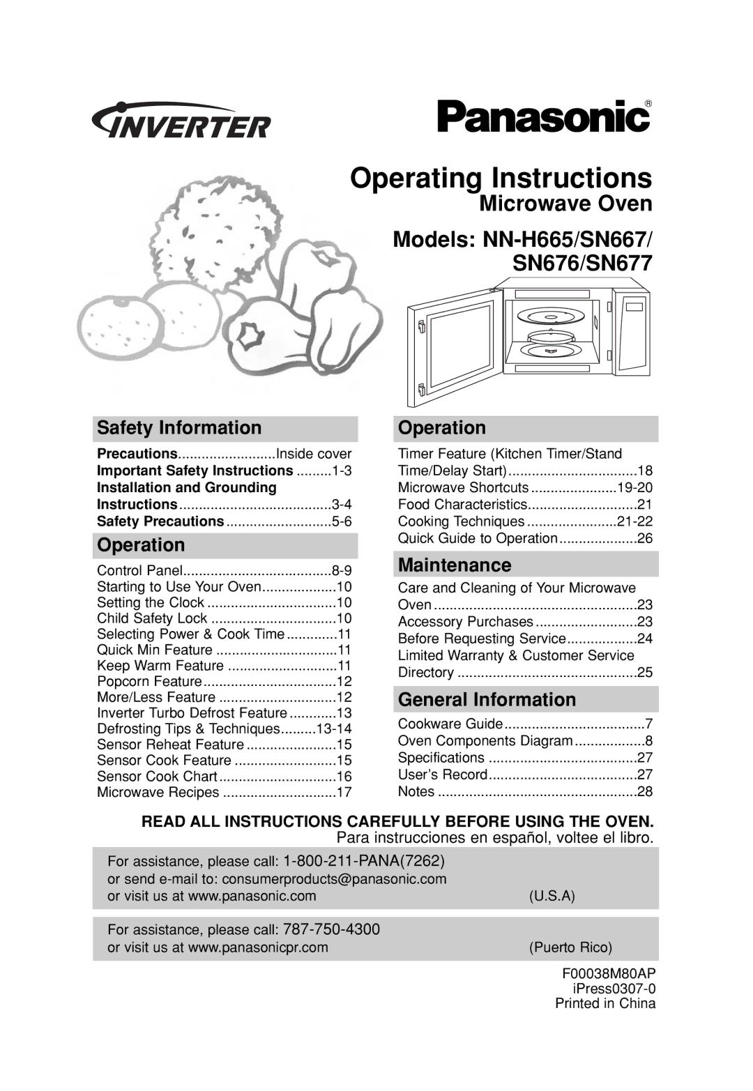 Panasonic NN-H665 important safety instructions Operating Instructions, Safety Information, Operation, Maintenance 