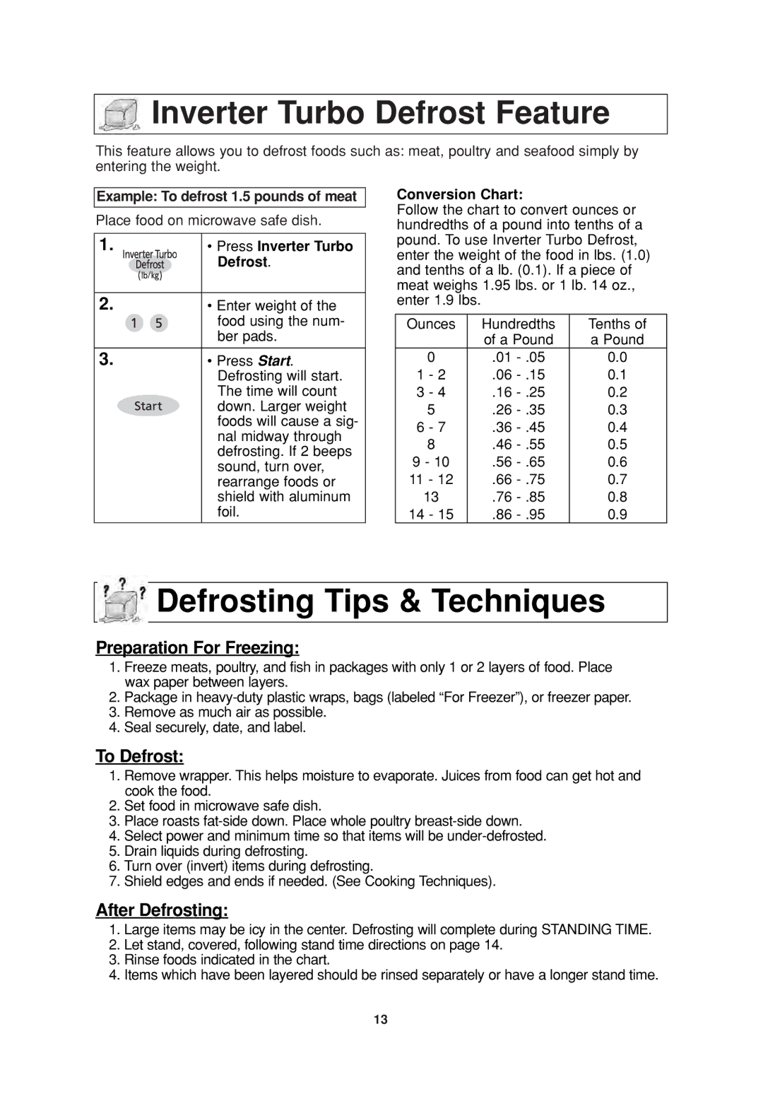 Panasonic NN-SN677 Inverter Turbo Defrost Feature, Defrosting Tips & Techniques, Example To defrost 1.5 pounds of meat 