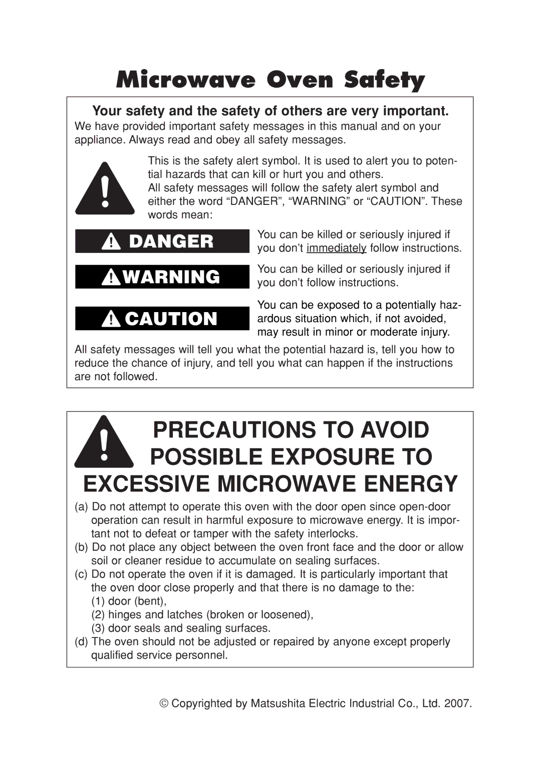 Panasonic NN-SN665, NN-SN667, NN-SN676, NN-SN677, NN-H665 important safety instructions Microwave Oven Safety 