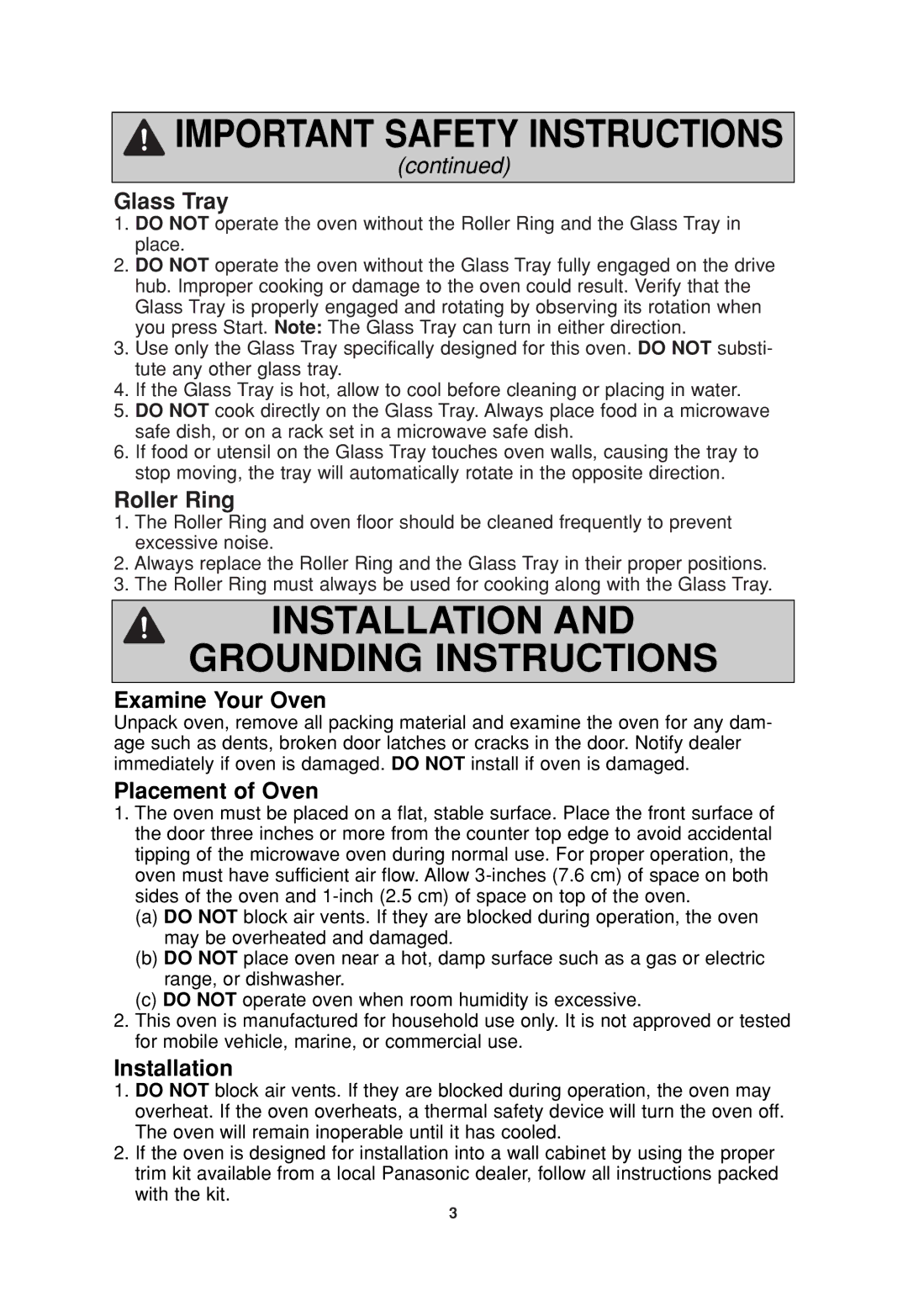 Panasonic NN-SN665, NN-SN667, NN-SN676, NN-SN677, NN-H665 Glass Tray, Roller Ring, Examine Your Oven, Placement of Oven 