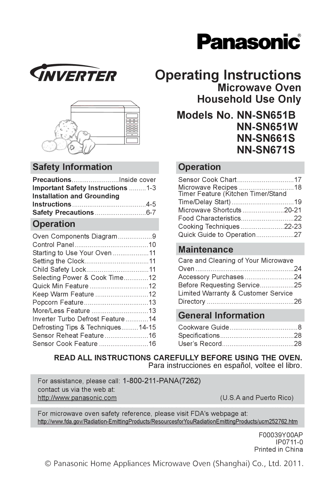 Panasonic NN SN661S warranty Operating instructions, Safety information, Operation, Maintenance, General information 