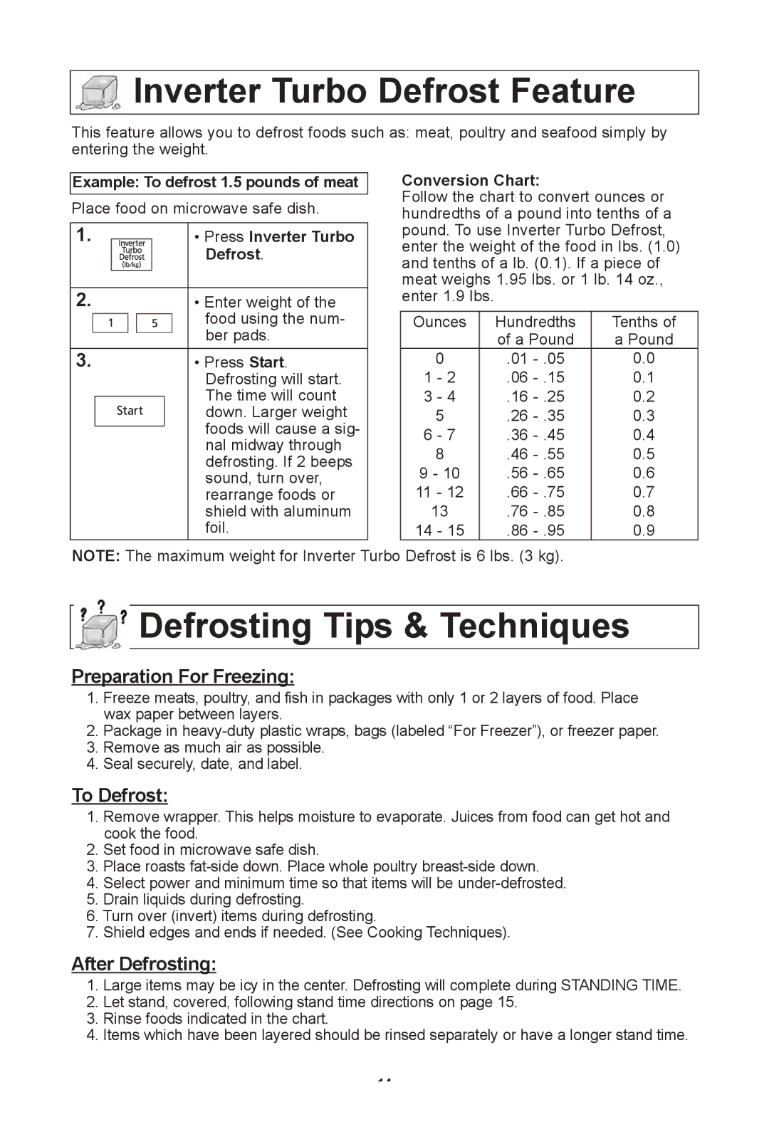 Panasonic NN SN661S Inverter turbo defrost feature, Defrosting tips & techniques, Example to defrost 1.5 pounds of meat 