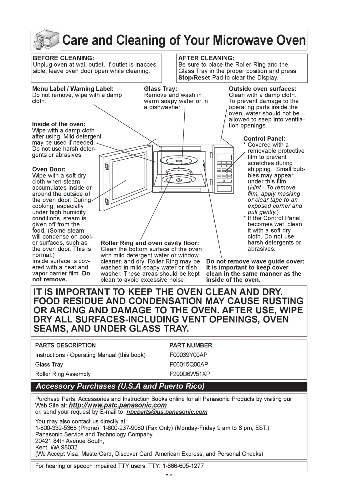 Panasonic NN SN661S, NN SN671S, NN/SN651B, NN-SN651W, NN-SN651B warranty Care and cleaning of your Microwave oven 