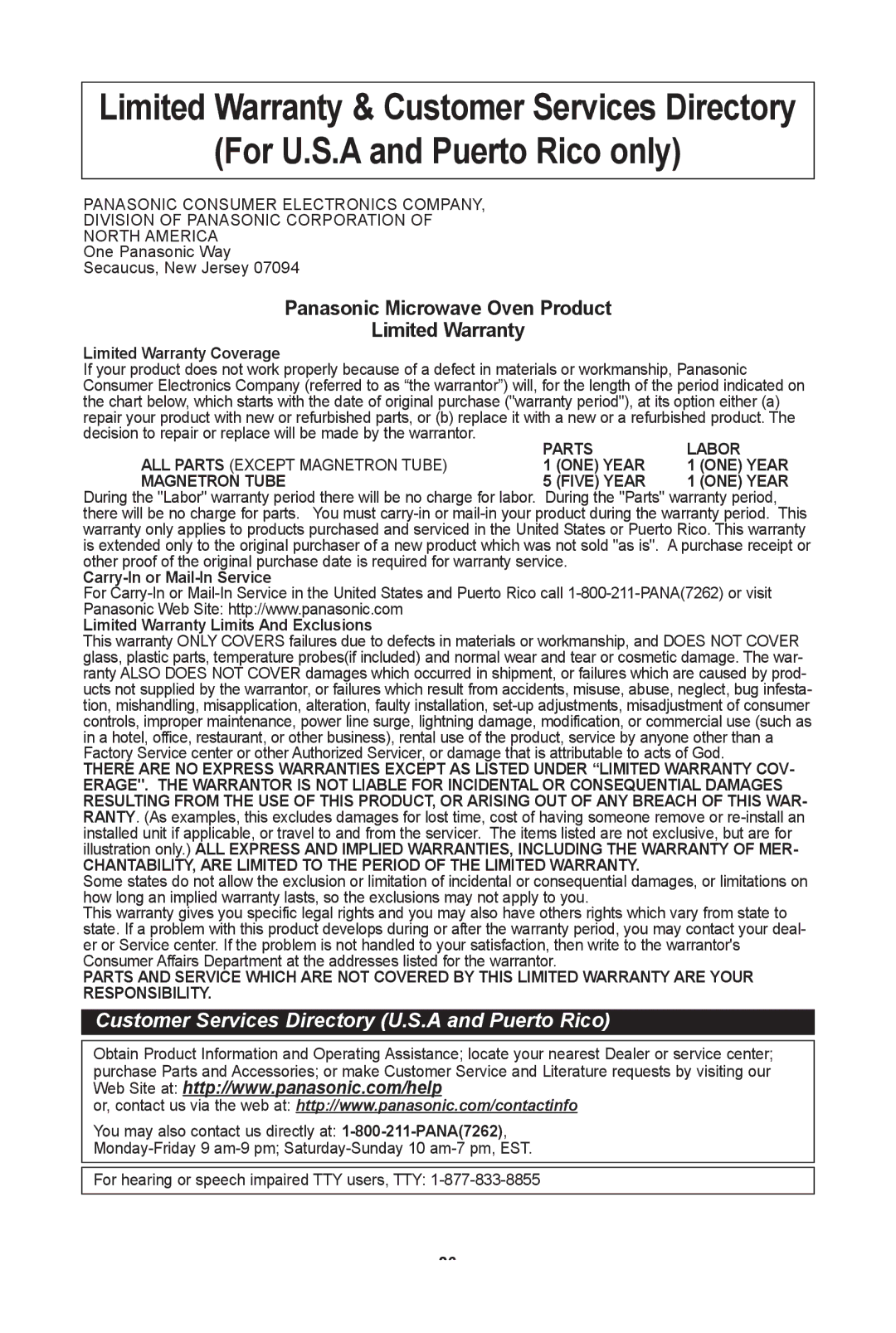 Panasonic NN-SN651W, NN SN671S, NN SN661S For u.s.a and Puerto rico only, Panasonic Microwave oven Product Limited Warranty 