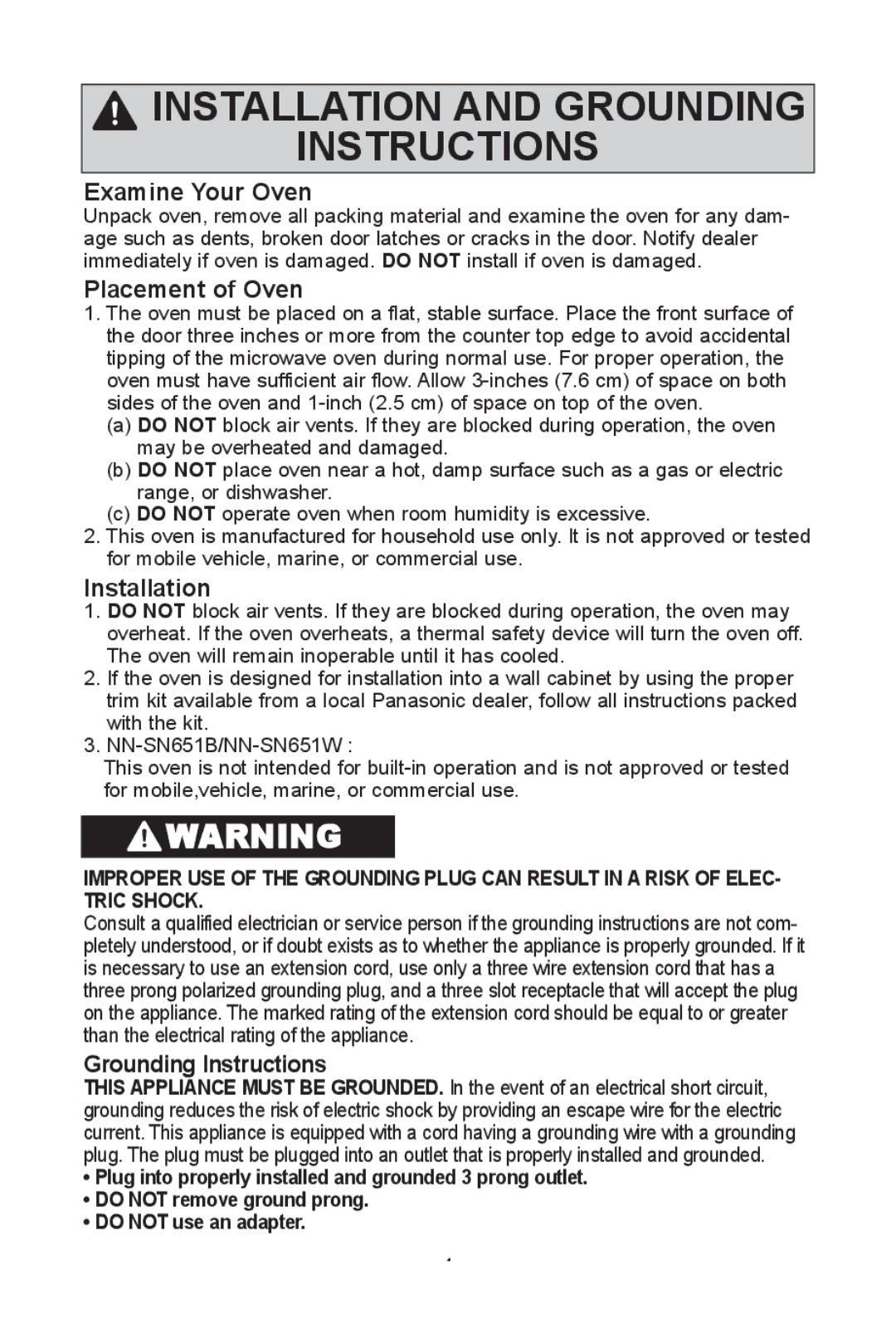 Panasonic NN SN661S Installation and grounding instructions, Examine your oven, Placement of oven, Grounding instructions 