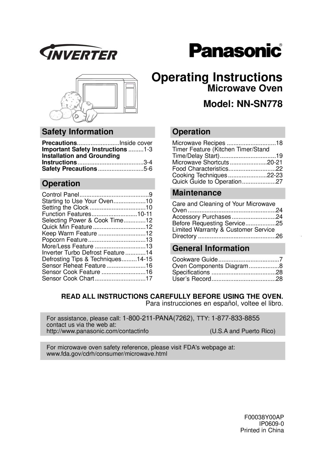 Panasonic NN-SN778 important safety instructions Operating Instructions, Safety Information, Operation, Maintenance 