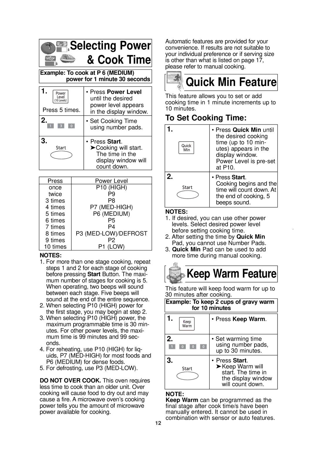 Panasonic NN-SN778 important safety instructions Quick Min Feature, To Set Cooking Time, Press Power Level 