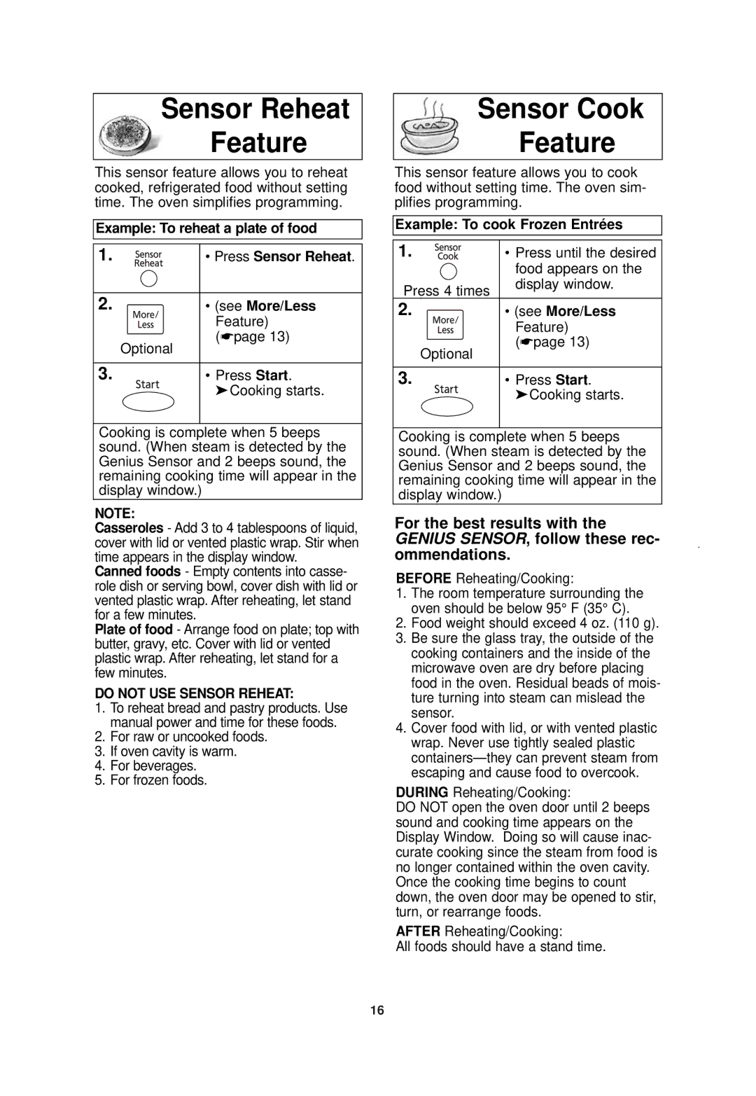 Panasonic NN-SN778 Sensor Reheat Feature, Sensor Cook Feature, Example To reheat a plate of food, Do not USE Sensor Reheat 