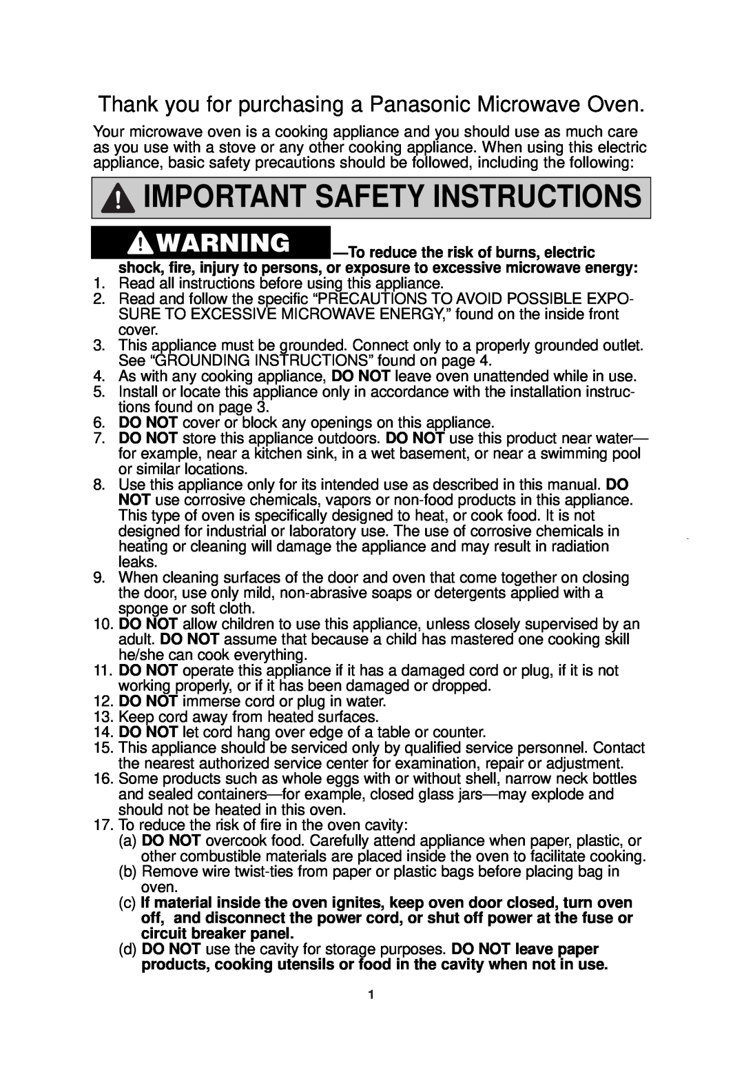 Panasonic NN-SN778 Important Safety Instructions, Thank you for purchasing a Panasonic Microwave Oven 