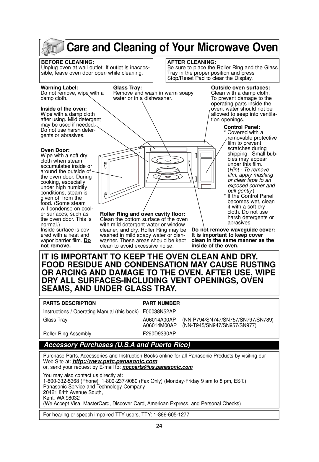 Panasonic NN-SN789 important safety instructions Care and Cleaning of Your Microwave Oven 