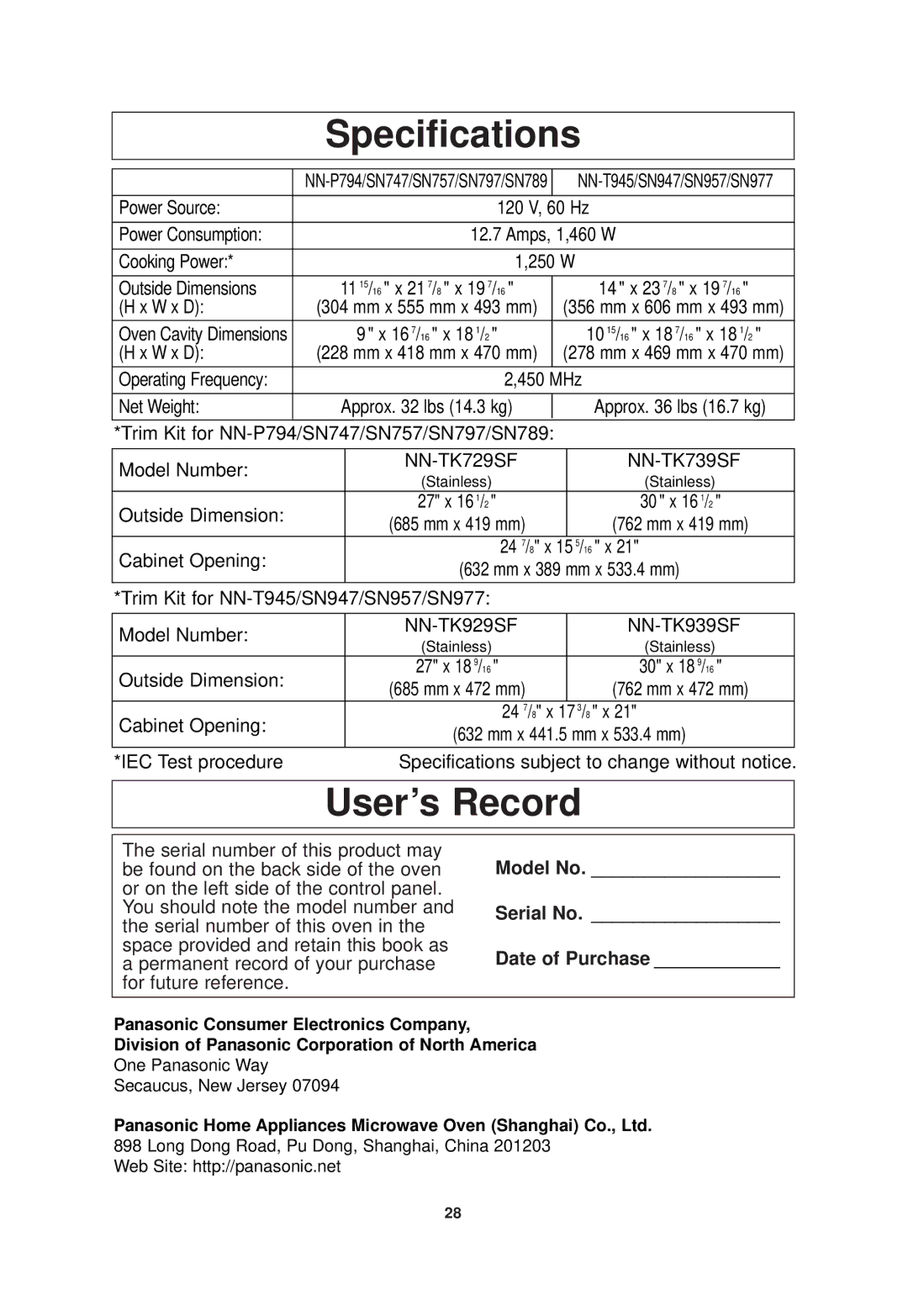 Panasonic NN-SN789 important safety instructions Specifications, User’s Record, Operating Frequency 