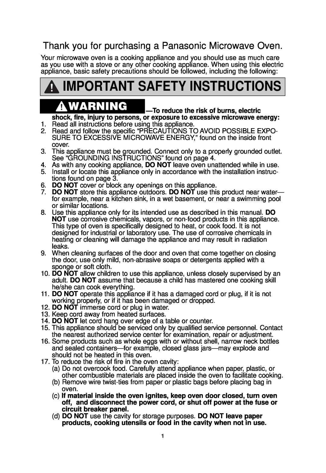 Panasonic NN-SN789 important safety instructions Important Safety Instructions 