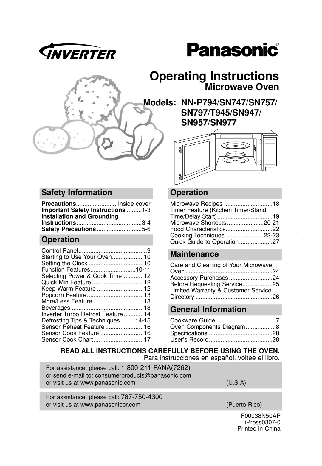 Panasonic NN-SN947 important safety instructions Operating Instructions, Safety Information, Operation, Maintenance 