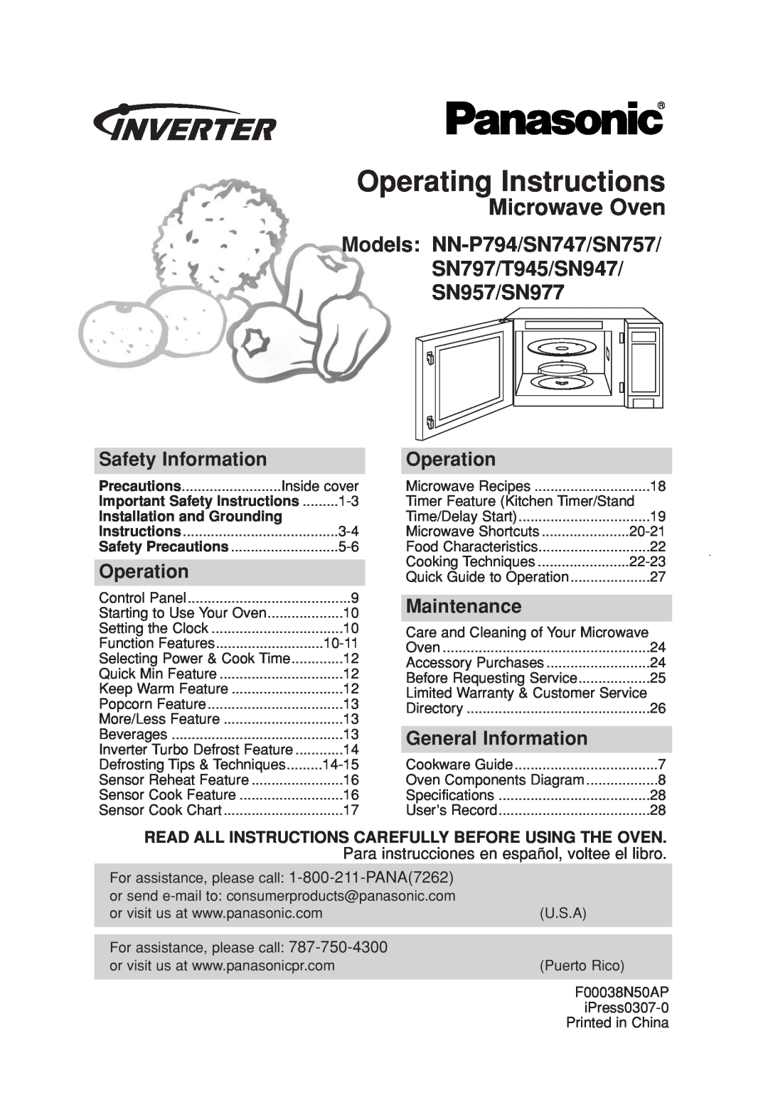 Panasonic NN-SN947 important safety instructions Operating Instructions, Microwave Oven, Safety Information, Operation 