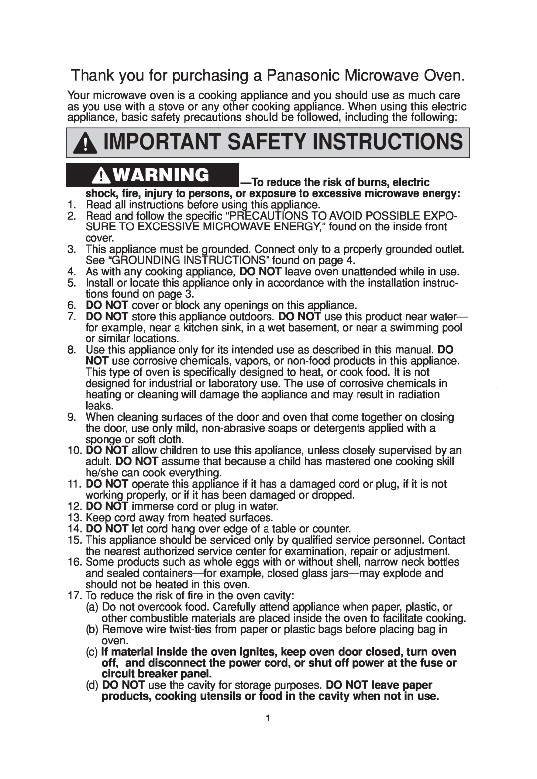 Panasonic NN-SN957, NN-SN797, NN-SN947, NN-SN977, NN-SN757, NN-SN747 important safety instructions Important Safety Instructions 