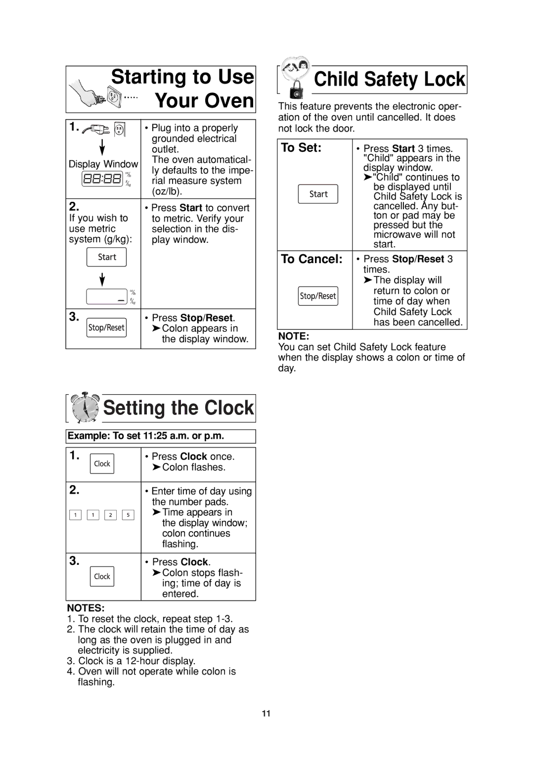 Panasonic NN-SN960S Starting to Use Your Oven, Setting the Clock, Child Safety Lock, Press Stop/Reset 