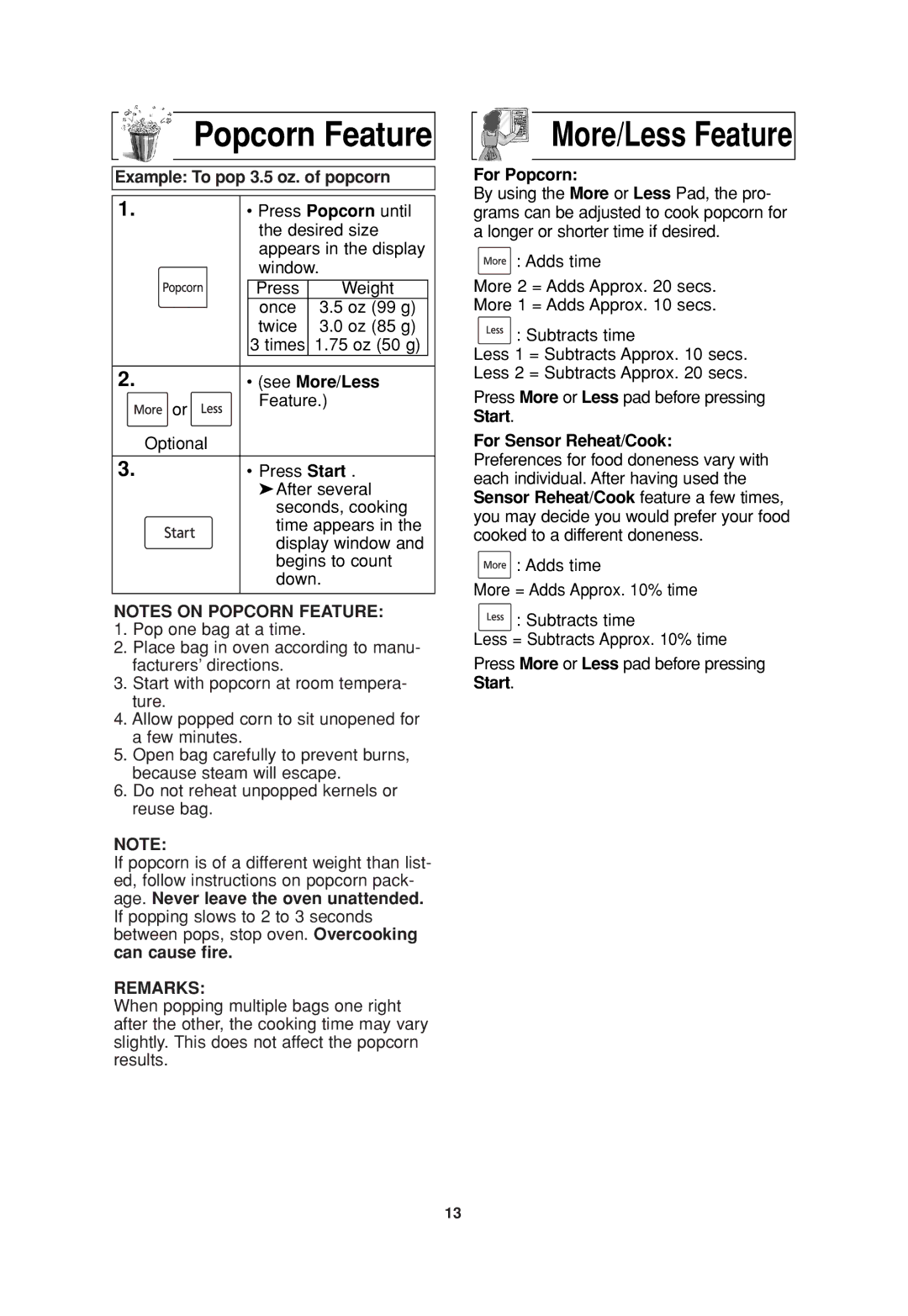 Panasonic NN-SN960S Popcorn Feature, More/Less Feature, Example To pop 3.5 oz. of popcorn, See More/Less, For Popcorn 