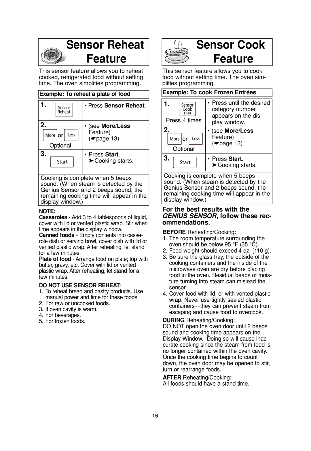 Panasonic NN-SN960S operating instructions Sensor Reheat Feature, Sensor Cook Feature, Example To cook Frozen Entrées 