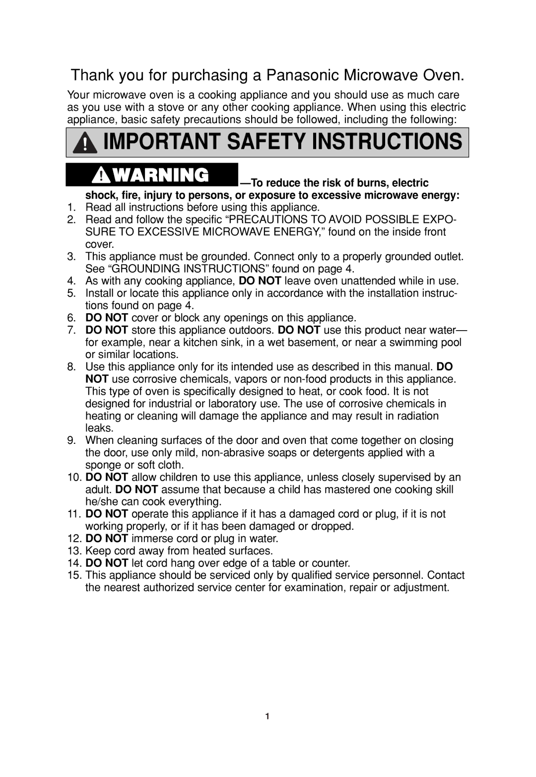 Panasonic NN-SN960S operating instructions Important Safety Instructions 