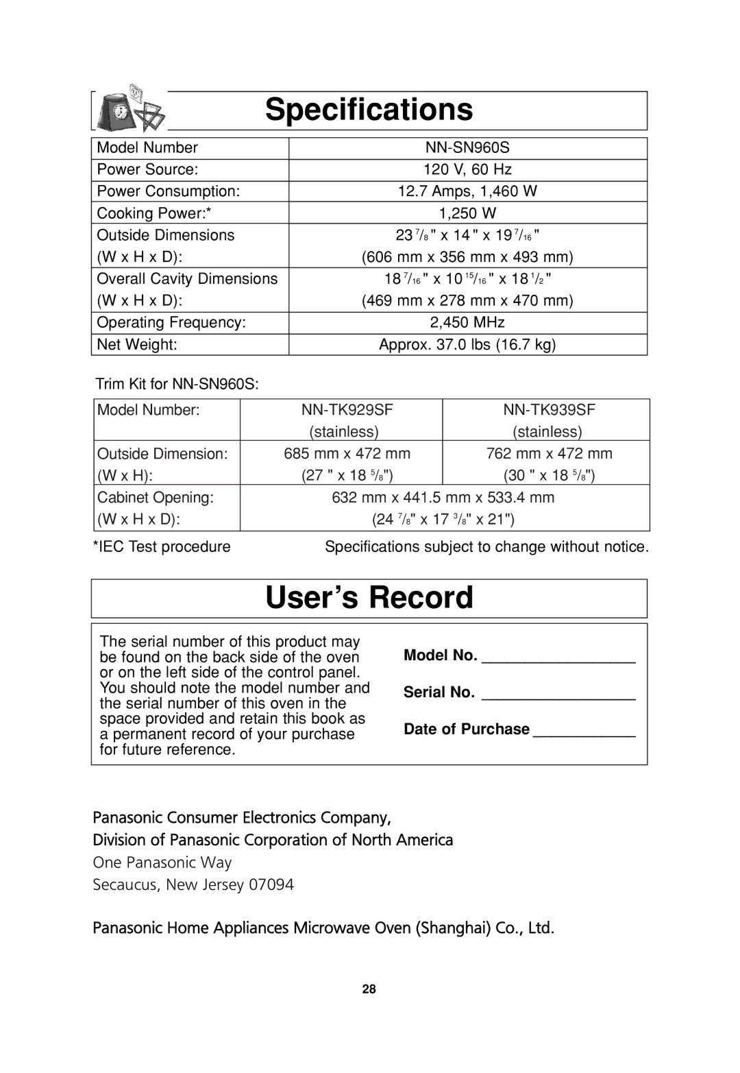 Panasonic NN-SN960S operating instructions Specifications, User’s Record 